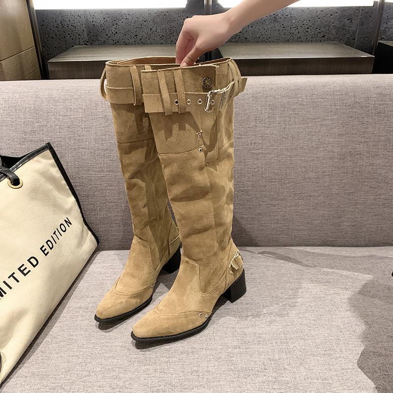 But Knee Boots Women's 2025 Autumn and Winter Khaki Suede Pointed Boots Children Thick Heel Thin Pleated Piled Boots