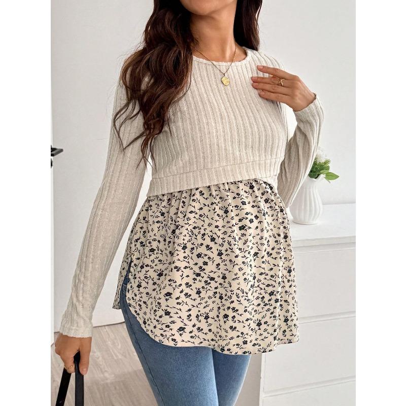 Pregnant Women's Top Knitted with Patchwork Printing for Breastfeeding and Casual Maternity Pullover