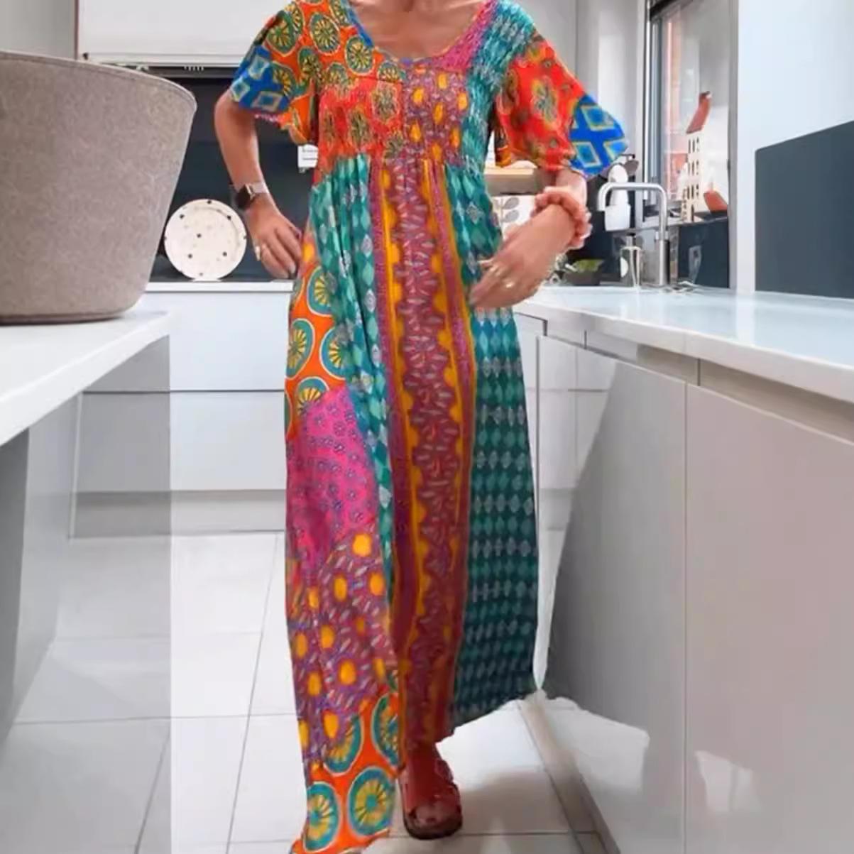 

Women s Colorful Floral Print Long Dress with Geometric Patterns, V-Neck, Flowy Maxi Dress S оранжевый