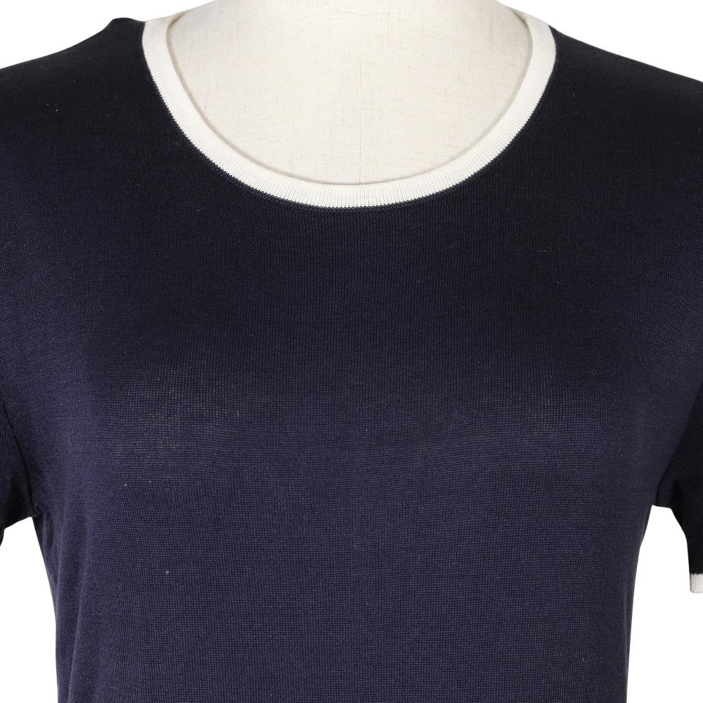 CHANEL Short sleeve knit P06382 96P Navy blue cotton Women Used