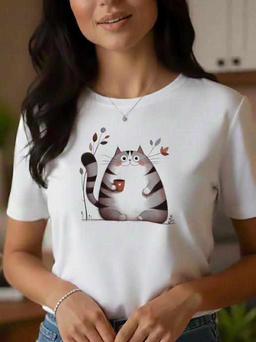 T-shirt with a  cat with coffee  print (pencil drawing with a mug) S