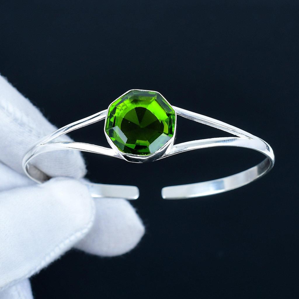 Amazing Peridot Hexagon Gemstone Handmade Cuff Bangle 925 Sterling Silver Cuff Bangle, Peridot Bracelet For Wife, Unisex Bangle For Gift