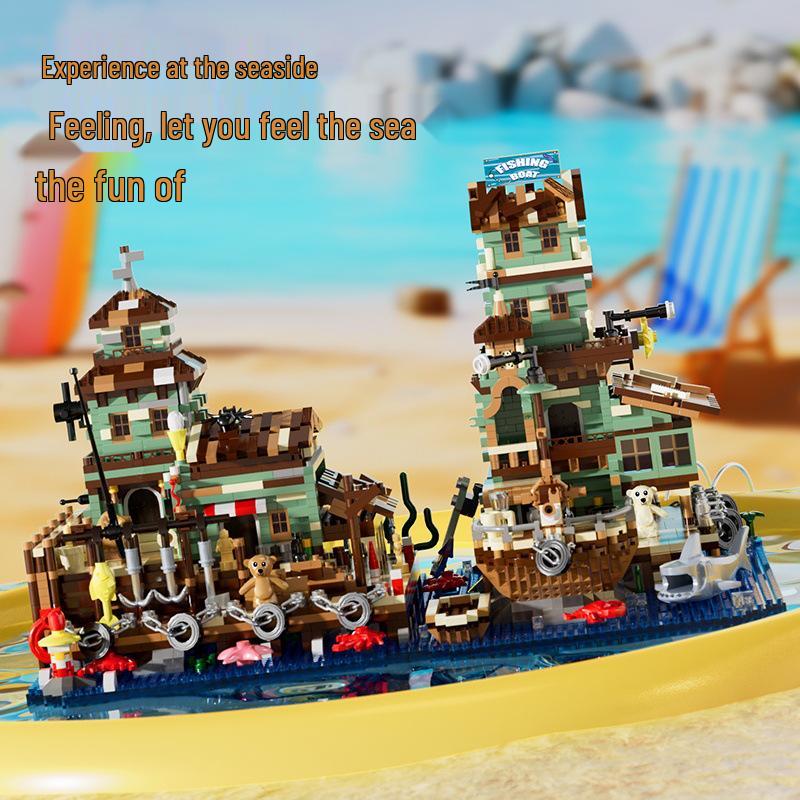 Seaside Boathouse Reconnaissance Nautical Fishing House Building Blocks, Compatible with Lego, Educational Toy & Gift