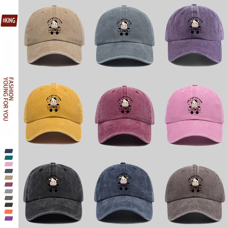 Cute Cartoon Cow Print Washed Vintage Soft Top Sunshade Baseball Cap Unisex Versatile Baseball Cap