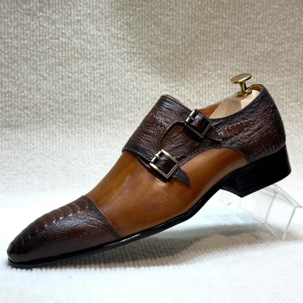 Fashion Men's Handmade Brown Monk Shoes Double Buckle Genuine Cow Leather Luxury Wedding Business Formal Basic Men's Footwear