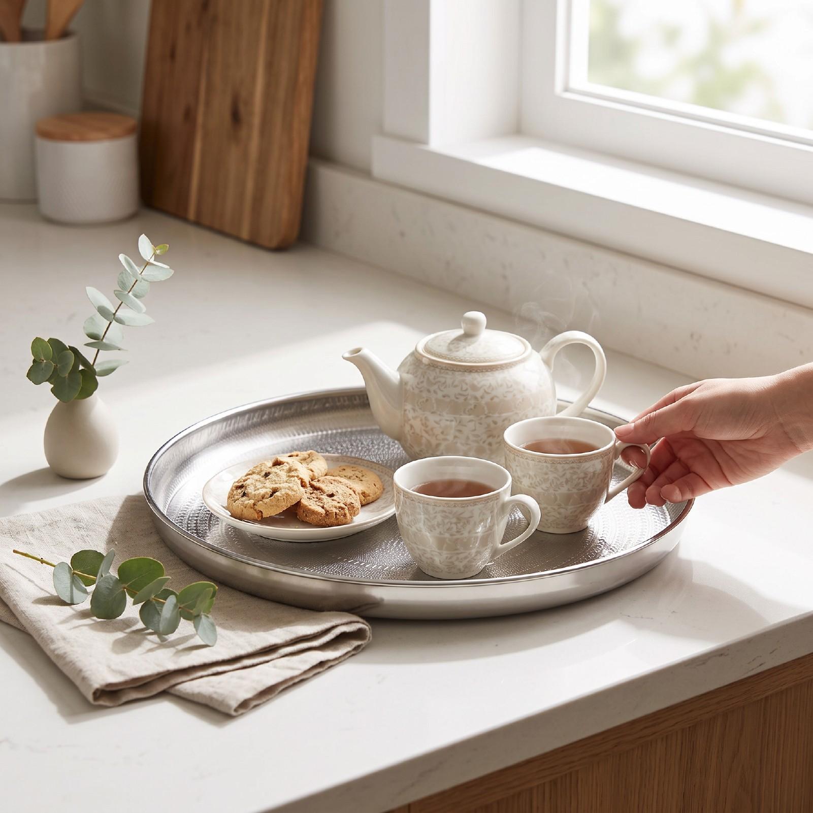 Plateau Rond avec Rebord Design Embossé Vintage Fer Épais Plaqué 34cm Plateau de Service Résistant à la Rouille Plat Décoratif Pour Décoration de Maison Table de Cuisine