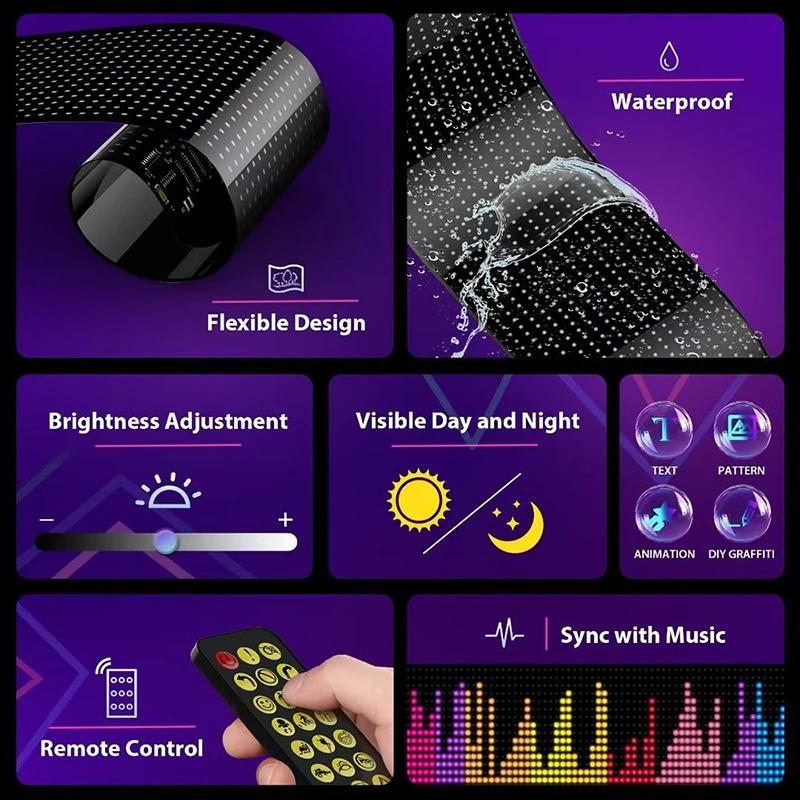 LED Display LED Matrix Pixel Panel Programmable Scrolling Text Board Bluetooth APP Control Flexible Screen for Car Truck Decor
