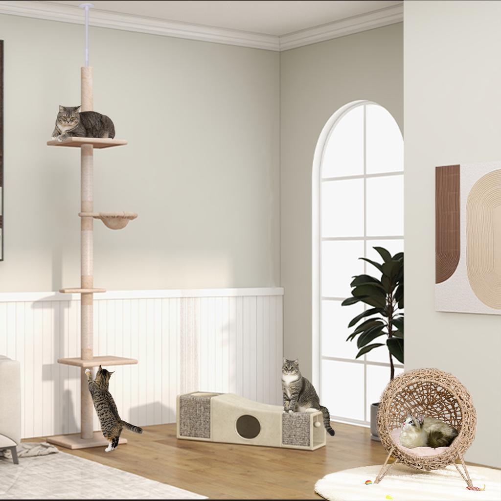Floor To Ceiling Cat Tree 230-260cm Height Adjustable, 5-Tier Cat Tower with Scratching Posts, Hammock, Perches