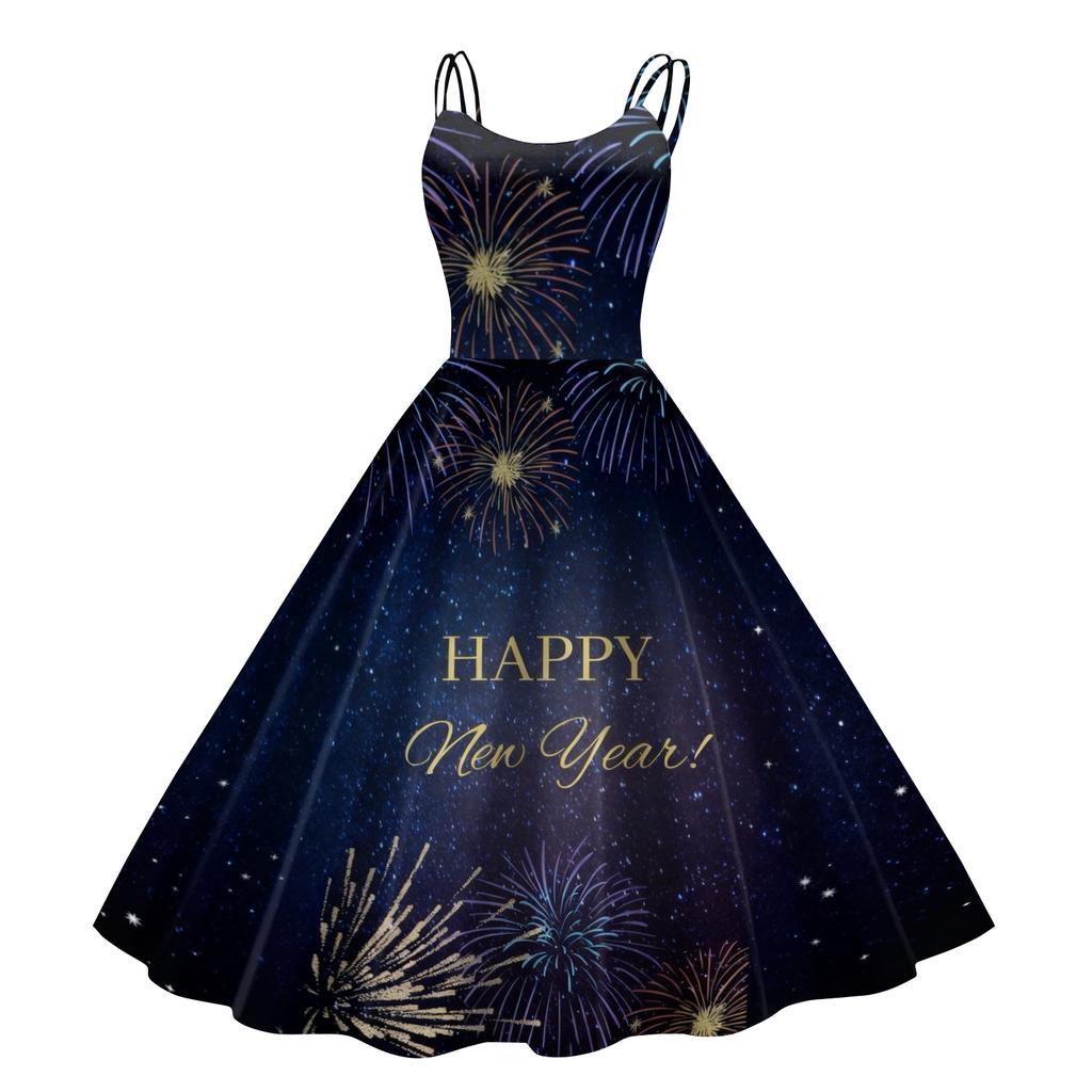 Kvinners Nyttårstrykt Casual Mote Rund Hals Midi Kjole