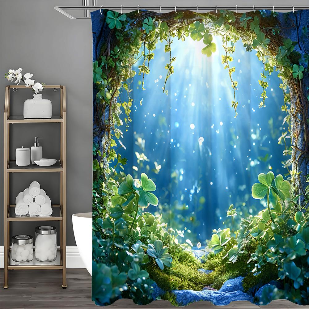 Forest Cave Clover Sunshine Shower Curtain, Bathroom Decorative Shower Curtain, Waterproof Shower Curtain with Hooks