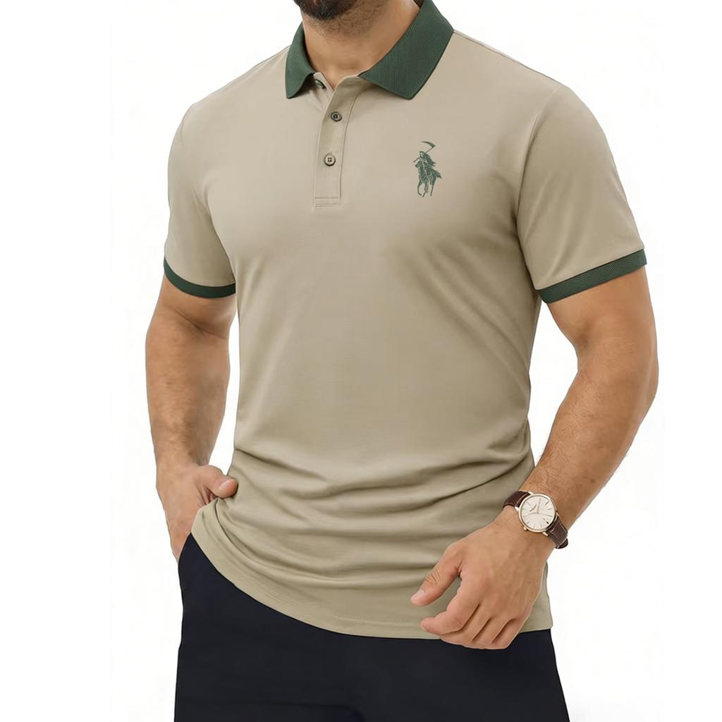Comoda polo da golf con colletto a 3 bottoni aderente, colletto e polsini a blocchi di colore, tessuto traspirante e vestibilità rilassata e casual a maniche corte