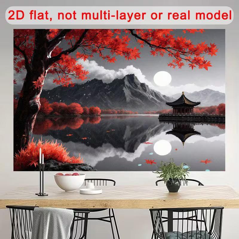 2D Flat Printed Red Maple Japanese Pavilion Background Cloth
