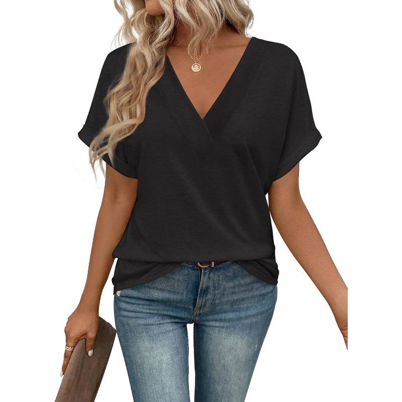 IHUASU Women's Fashion Casual Solid Color Print Short Sleeve V Neck Blouses & Shirts Unique design