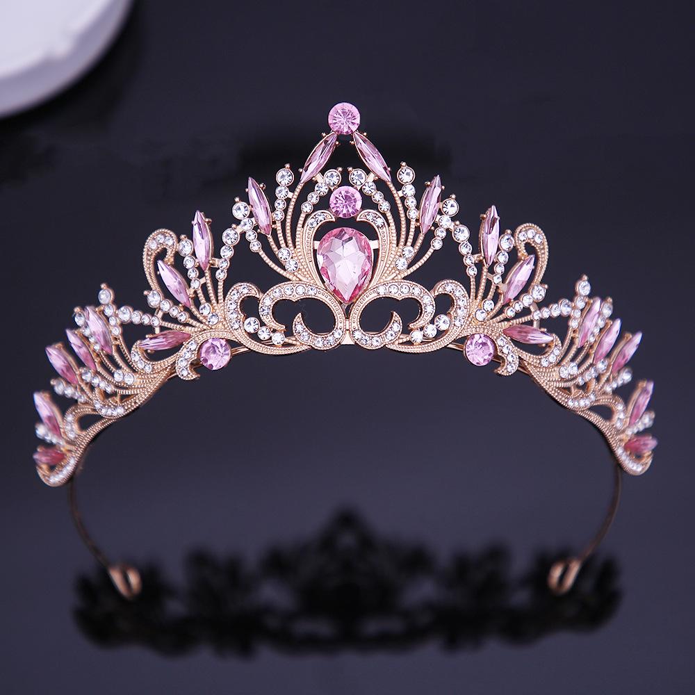 DIEZI Elegant Korean AB Pink Red Crystal Tiara Crown Women Girls Party Wedding Princess Rhinestone Bridal Crown Hair Jewelry