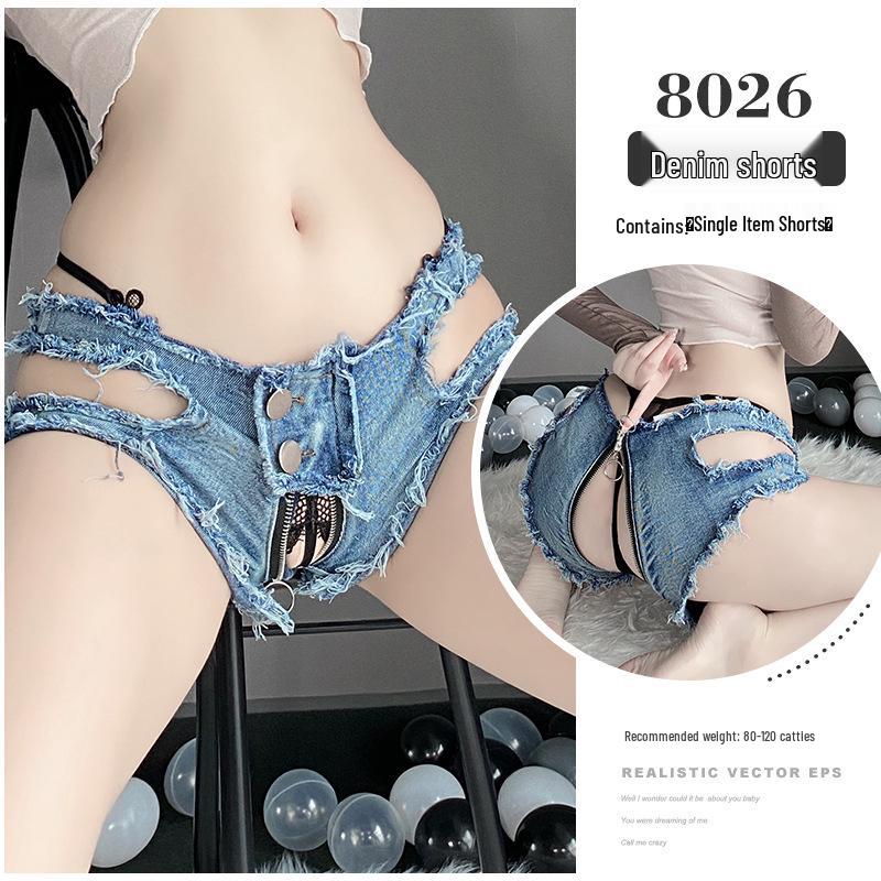 Ripped Denim Open-Crotch Shorts - Sexy Low-Waist Lingerie for Nightclub Temptation