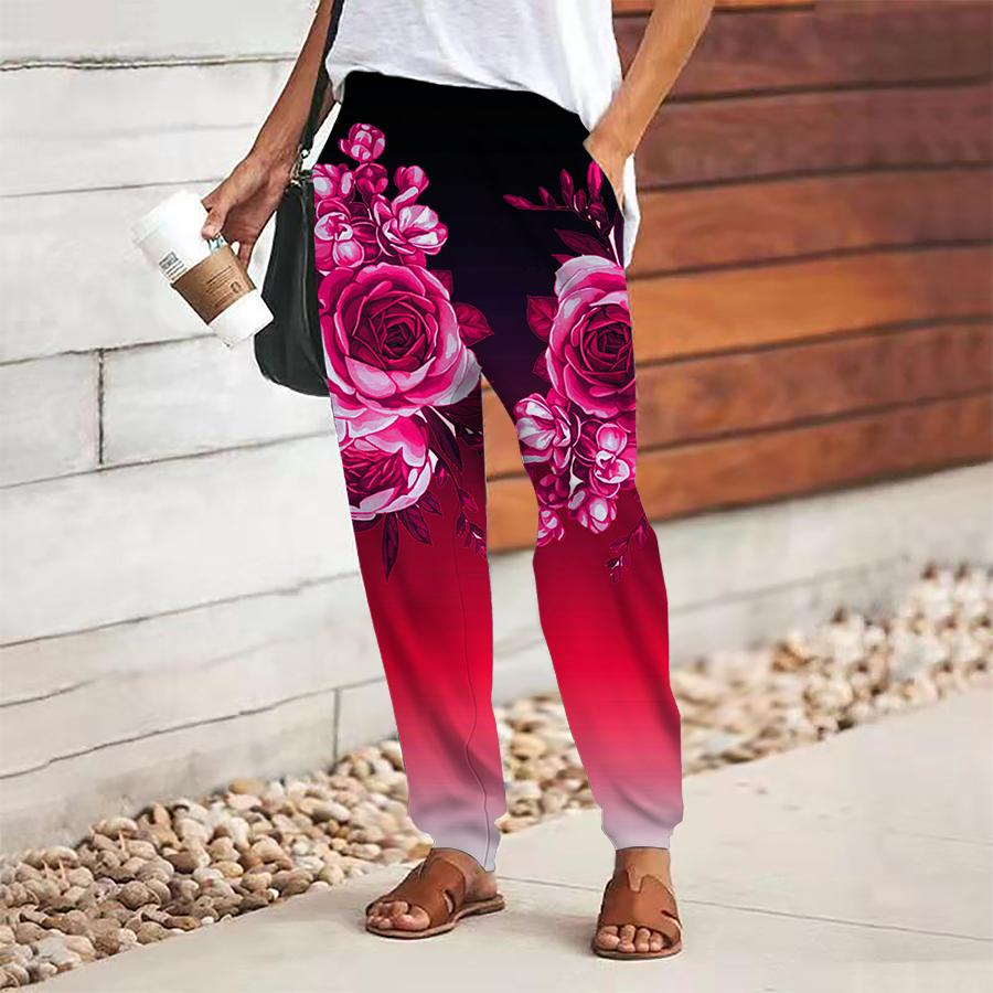 Women Flower Printing Pants Lace Up Elastic Waist Loose  Trousers Casual Long Pants Trousers with Pockets