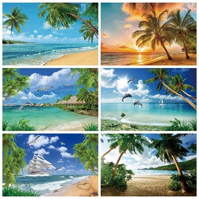 Blue Ocean Beach Fundal Apus de Soare Palmier Tropical Val Nisip Fond Fotografie Vacanta de vara Petrecere Recuzita Fotografie