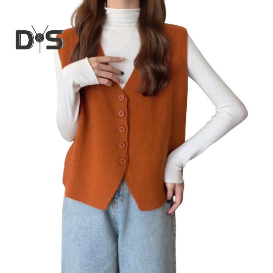 Jesień Zima Damska Kamizelka Dekolt w Serek Zapinana Na Guziki Jednolity Kolor Luźna Dzianina Gruba Utrzymuje Ciepło Bez Rękawów Luźny Sweter Top