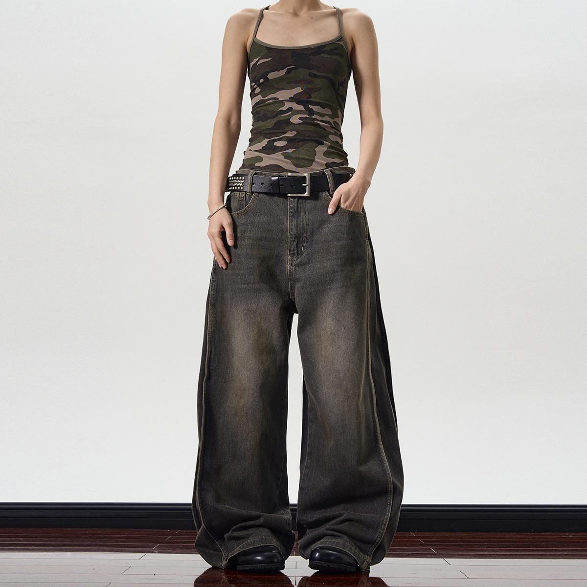 

Unisex American Retro Distressed Straight-Leg Jeans: Trendy, Slimming, High-End Silhouette XL черный серый