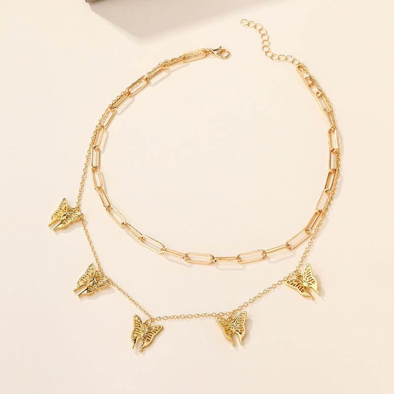 Alloy Butterfly Thick Chain Pendant Jewelry Fashionable Personality Stacked Double Necklace