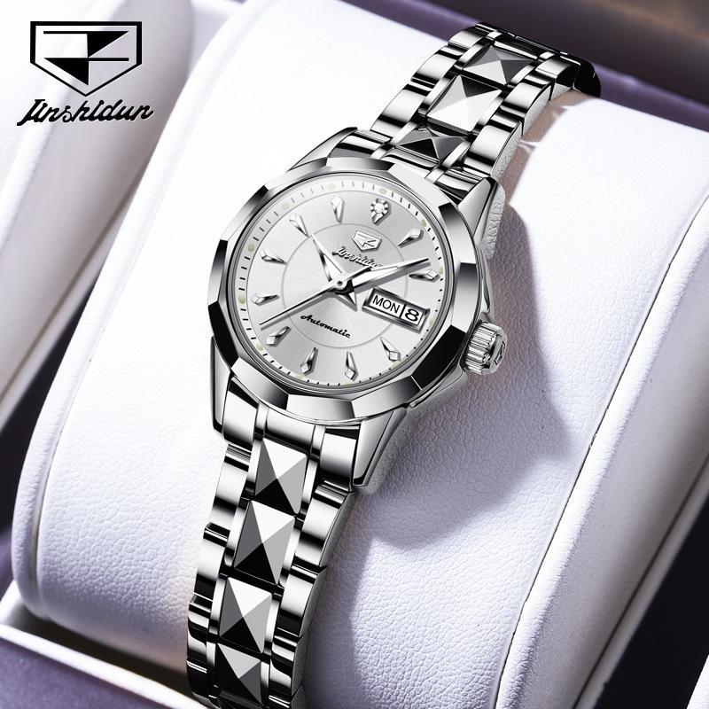Nové dámské hodinky pro podnikání a volný čas JINSHIDUN Plně automatické mechanické hodinky Tungsten Steel Double Calendar Světelné vodotěsné špičkové hodinky