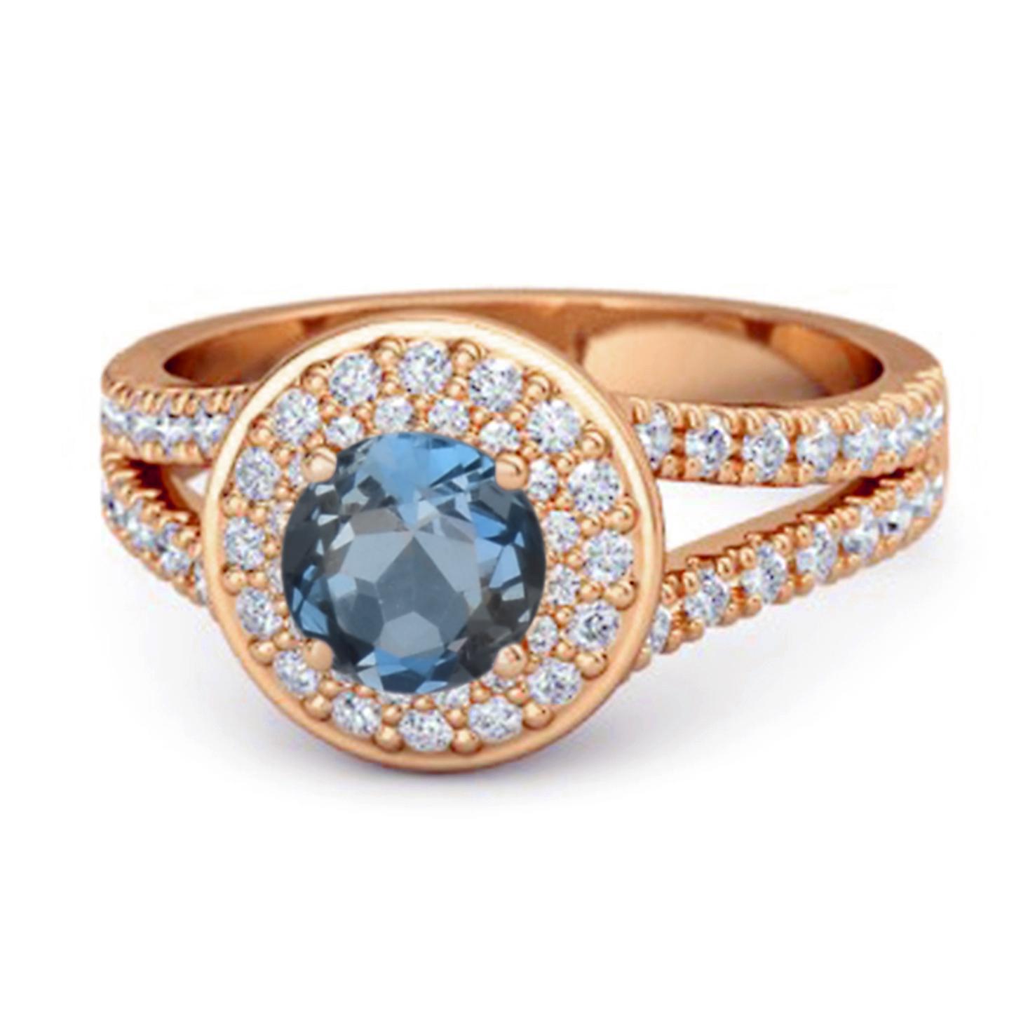 London Blue Topaz Double Halo Accents Ring - 925 Sterling Silver Rose Gold Vermeil 6 ярко-розовый