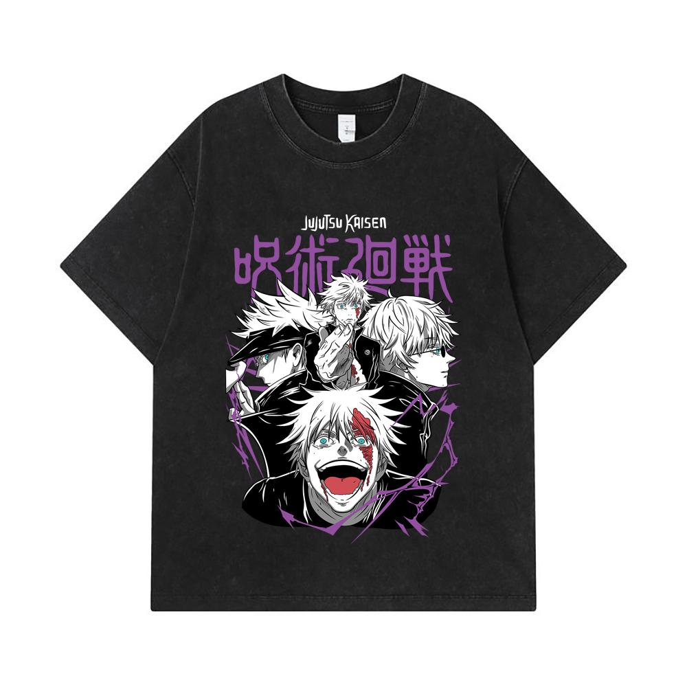 275 GSM Washed T-shirts 100% Cotton Jujutsu Kaisen V3 Gojo Print Unisex Heavy Cotton T Shirt