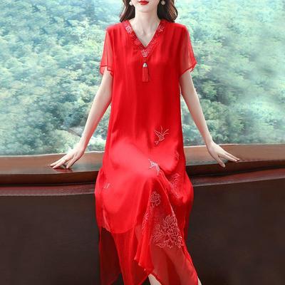 Abito estivo da donna in stile cinese ricamato, aderente, dal design vintage con scollo a V, abito cheongsam a trapezio