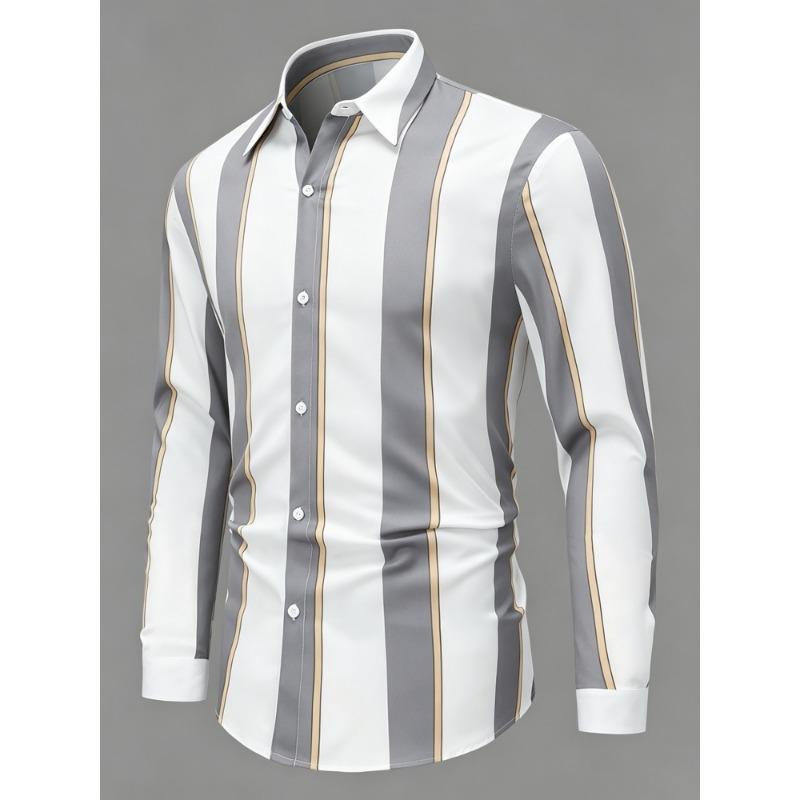 Men's Olive Green Vertical Striped Long Sleeved Shirt with Collar, European and American Business Daily Casual Versatile Top