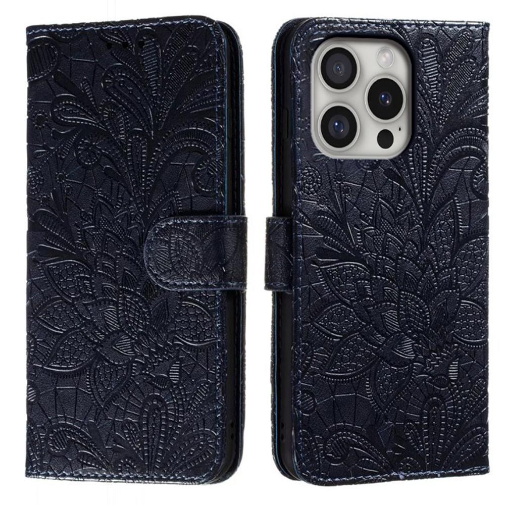 For iPhone 16 Pro Max Case Lace Flowers PU Leather Flip Wallet Phone Cover