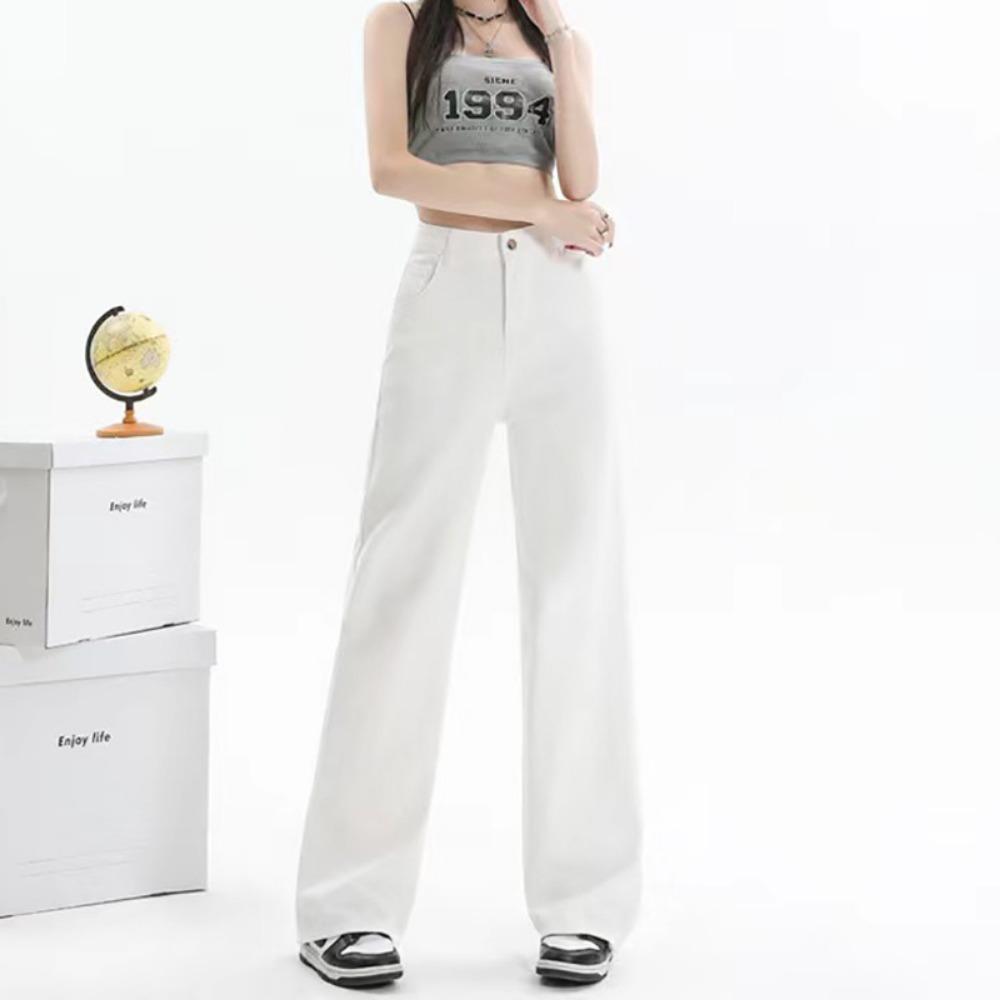 

Корейская версия простых джинсов с высокой посадкой, свободного кроя, с широкими штанинами, женские, весенне-осенние, новые, повседневные, универсальные, драпирующиеся, прямые брюки 2XL белый