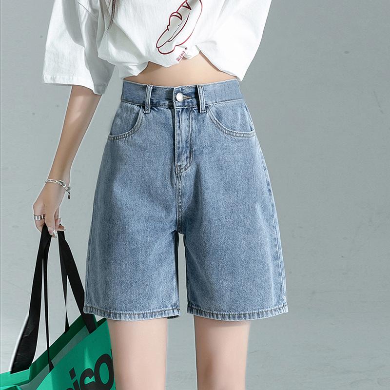 Pantaloni scurți de damă din denim cu talie înaltă, croială lejeră, 5 puncte - Subțiri de vară, cu efect de slăbire, lungime medie, drepți, cu design cu picior lat