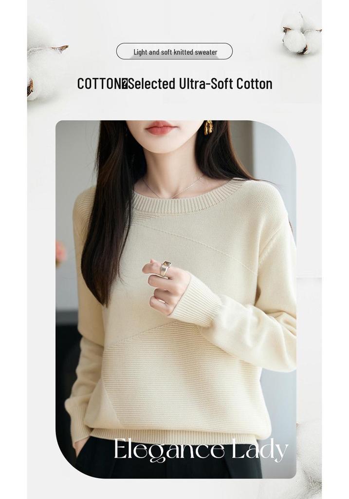 Women's Anti-Pilling 100% Cotton Sweater, Round Neck, Diagonal Block Pattern, New Style Knit, Thick Base Layer Top