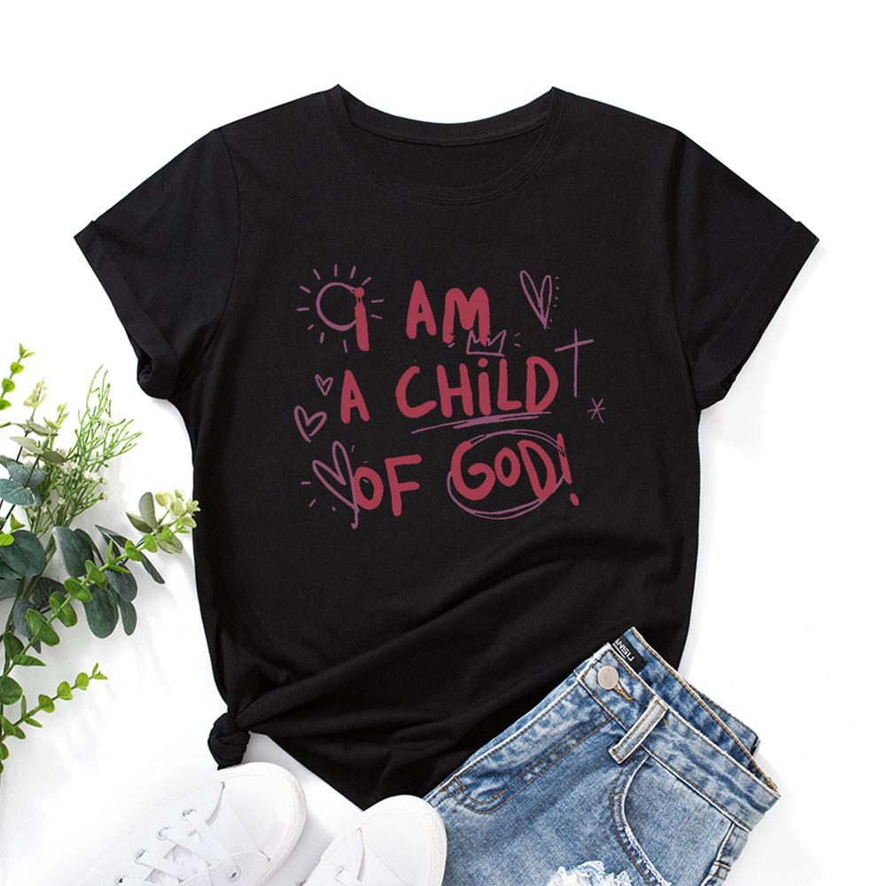 A Child of God Alphabet Cotton T-Shirt Short Sleeve Round Neck Women 2d Print Tops