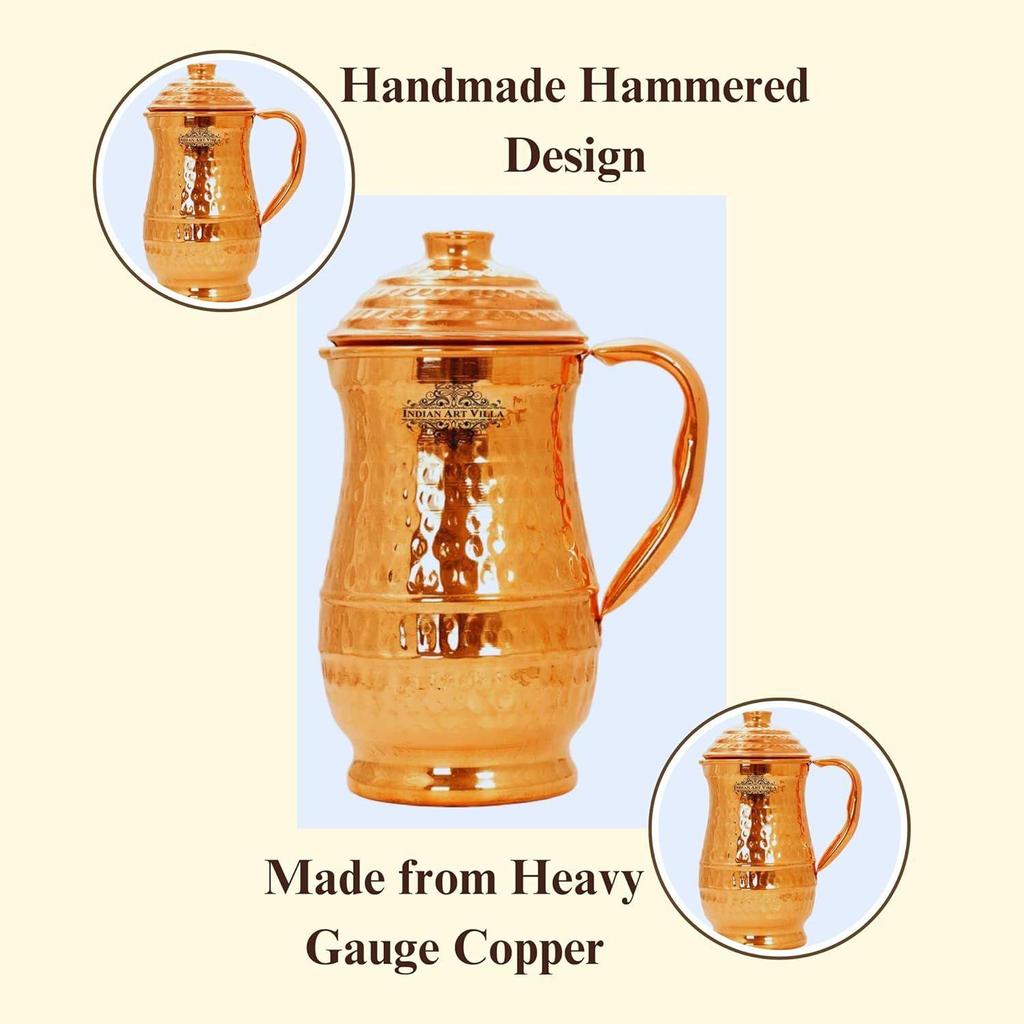 Pure Copper Hammered Jug Pitcher - Ayurvedic Water Storage and Serving, 1.4 Litres Capacity