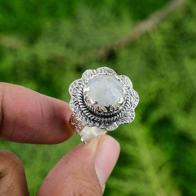 Natural Rainbow Moonstone Gemstone 925 Silver Promise Adjustable Ring For Women