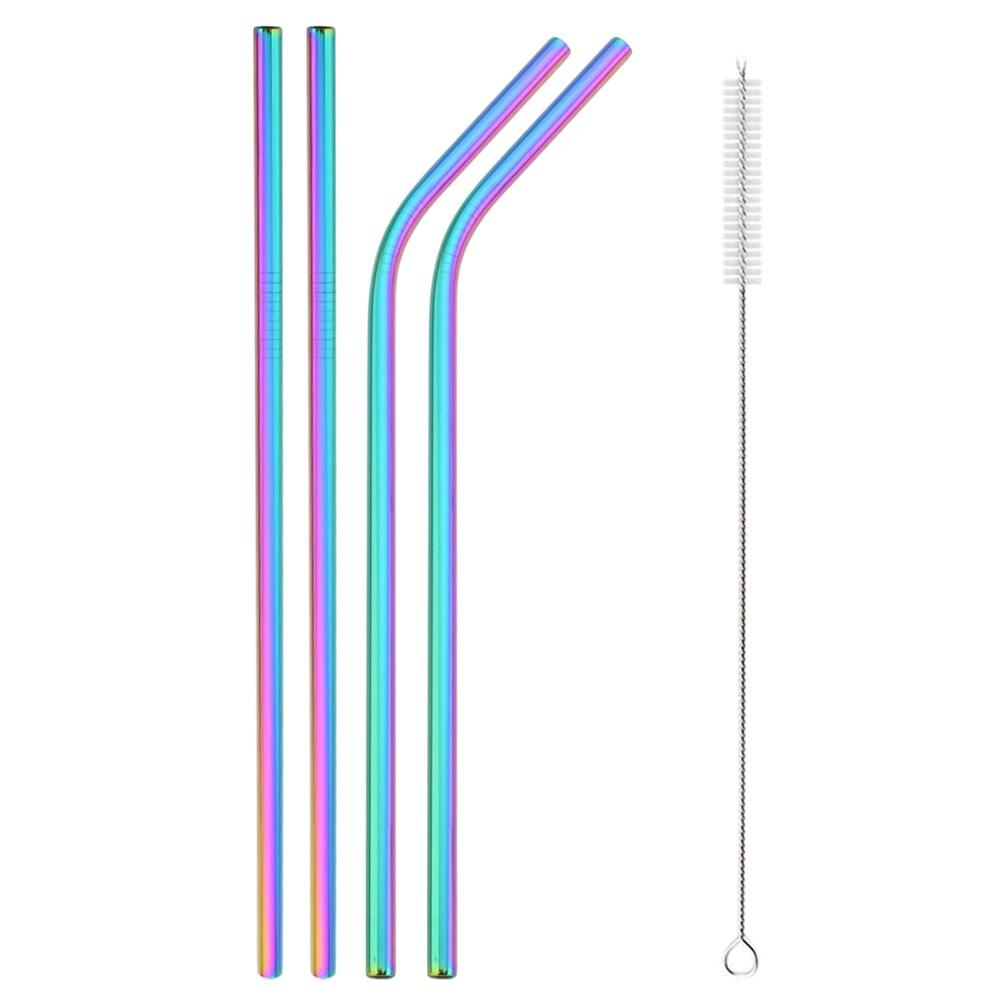 Colorful Reusable Straw Set Metal 304 Stainless Steel Straw Straight Bent Drinking Straw With Case Cleaning Brush Bar Accessory