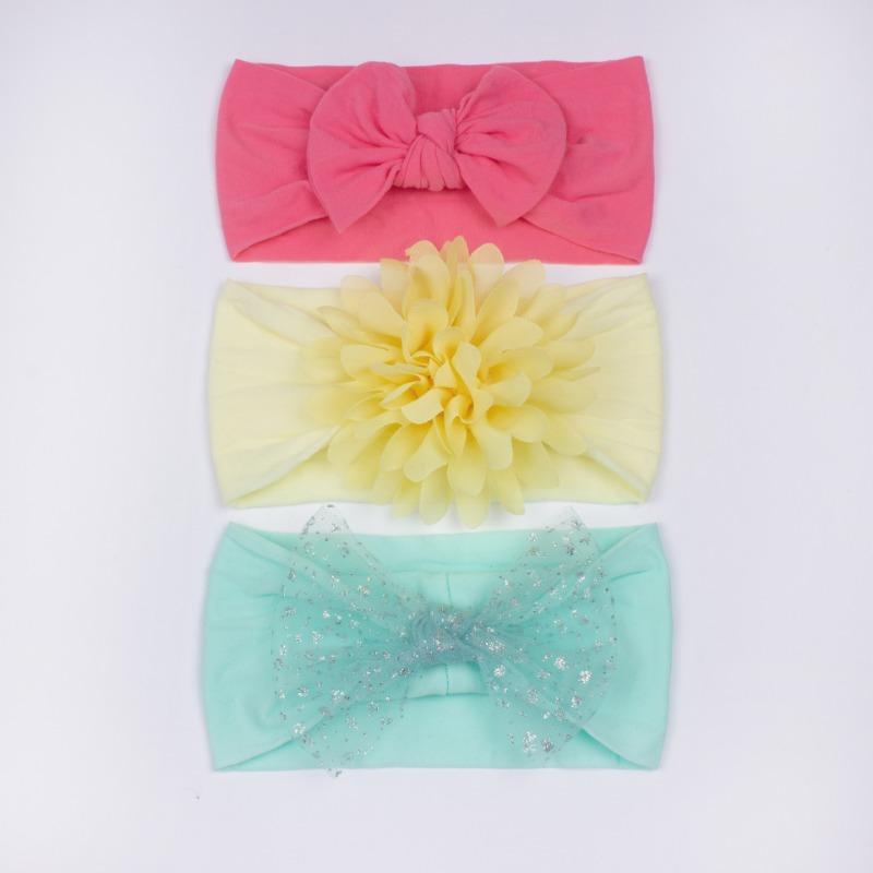 3Pcs new children's hair accessories, baby nylon bow does not hurt the skin, wide headscarf, baby headband.