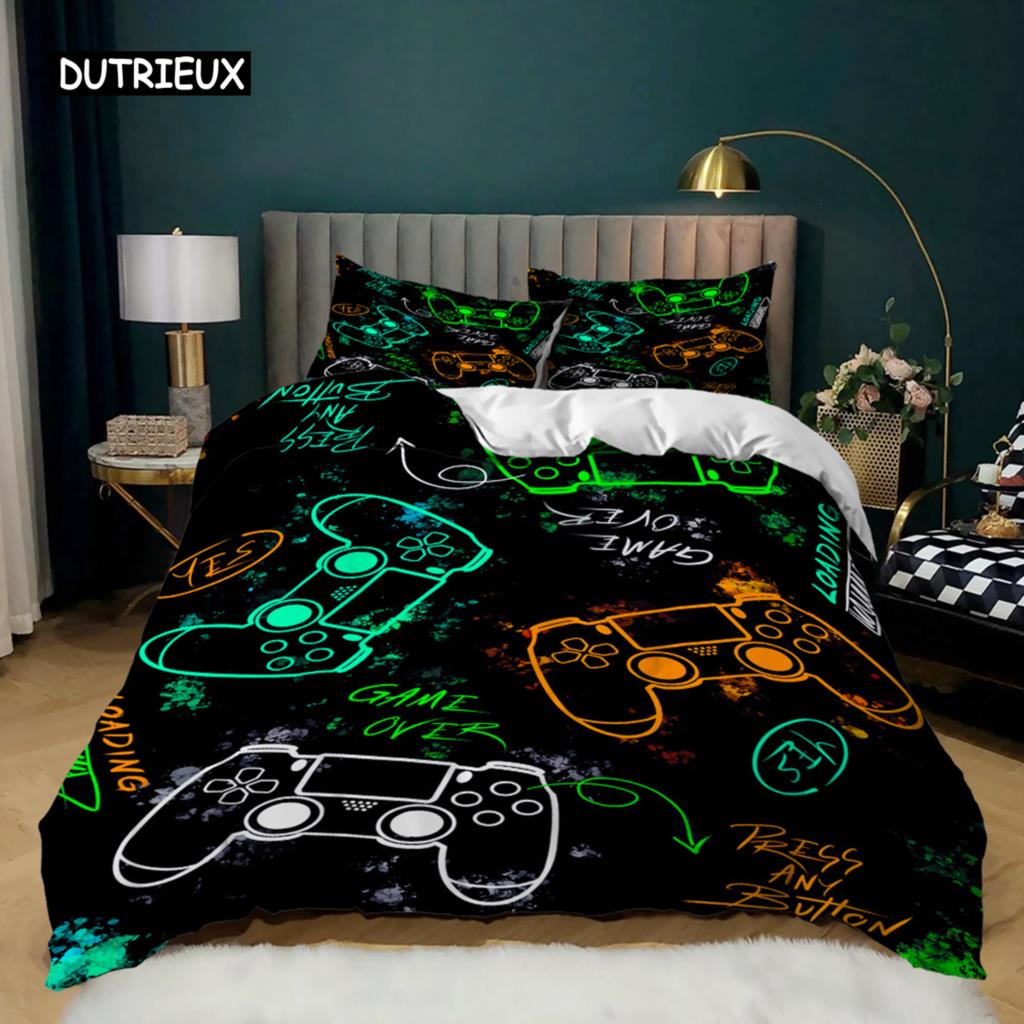

Game Duvet Cover Set King Size Video Game Controller Design Black and Green Microfiber Quilt Cover for Kids Teens EU single(135x200cm)