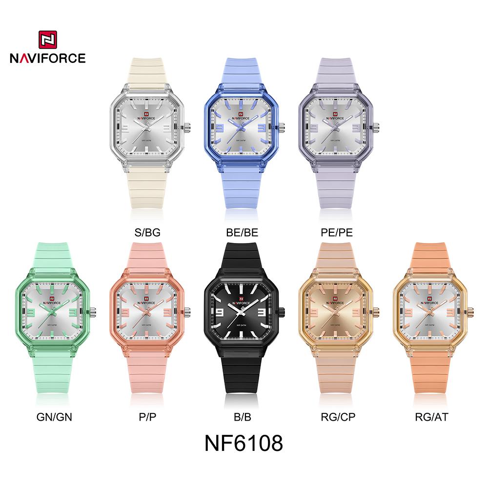NAVIFORCE Original Women Square Watch Quartz Luminous Pointer Simple Lightweight Silicone Strap Waterproof Women Lady Casual Fashion Watch NF6108