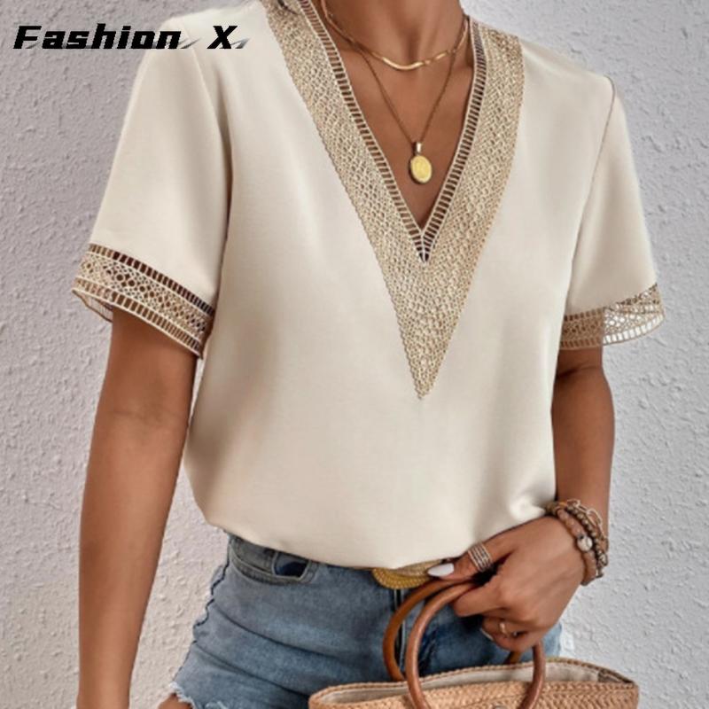 Damen Kurzarm Shirt Sommer T-Shirt V-Ausschnitt Spitze Lockeres Oberteil