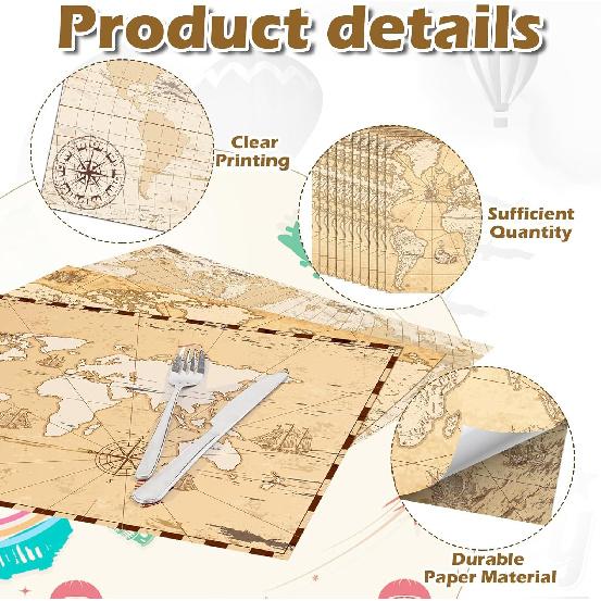 Eaasty 50 Disposable World Map Paper Placemats Vintage World Map for Old Paper Retro Style Decorative Travel Adventure Table Mat for Geography