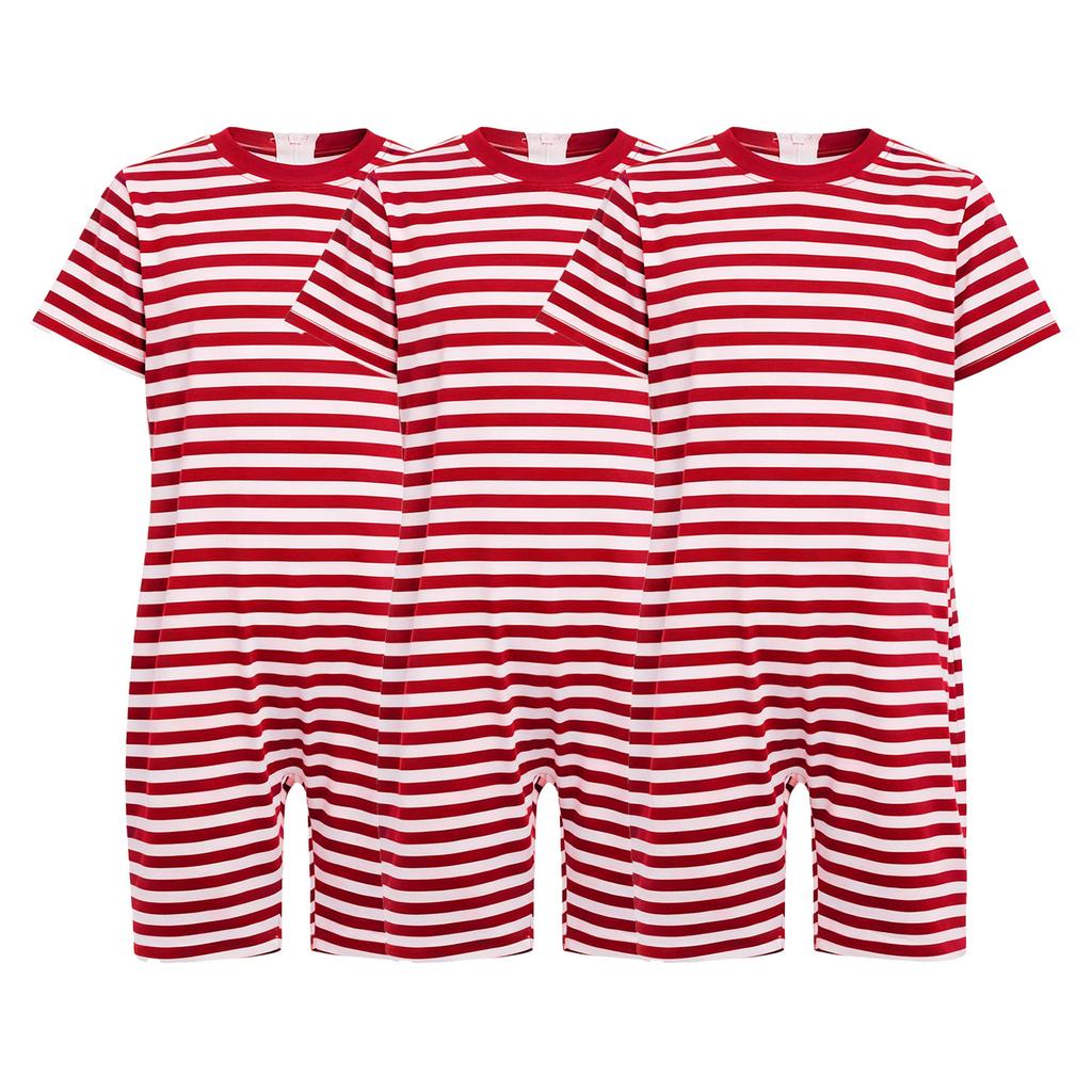 3 Piezas Mono Rayado Adaptativo para Niños Cuello Redondo Manga Corta Longitud hasta el Muslo Espalda Anti-Rayas Cremallera Invisible para Cuidado de Necesidades Especiales