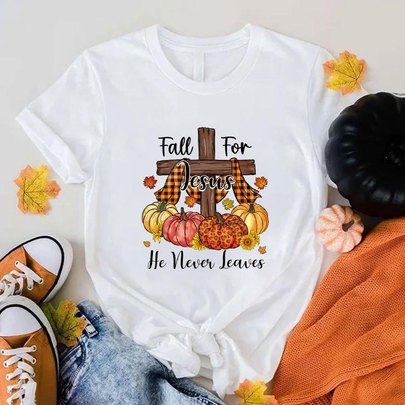 

Unisex Short Sleeve Fall For Jesus He Never Leaves Print T Shirts Women Causal Harajuku Tops Funny T Shirt(Premium T-shirt) XXXL золотий