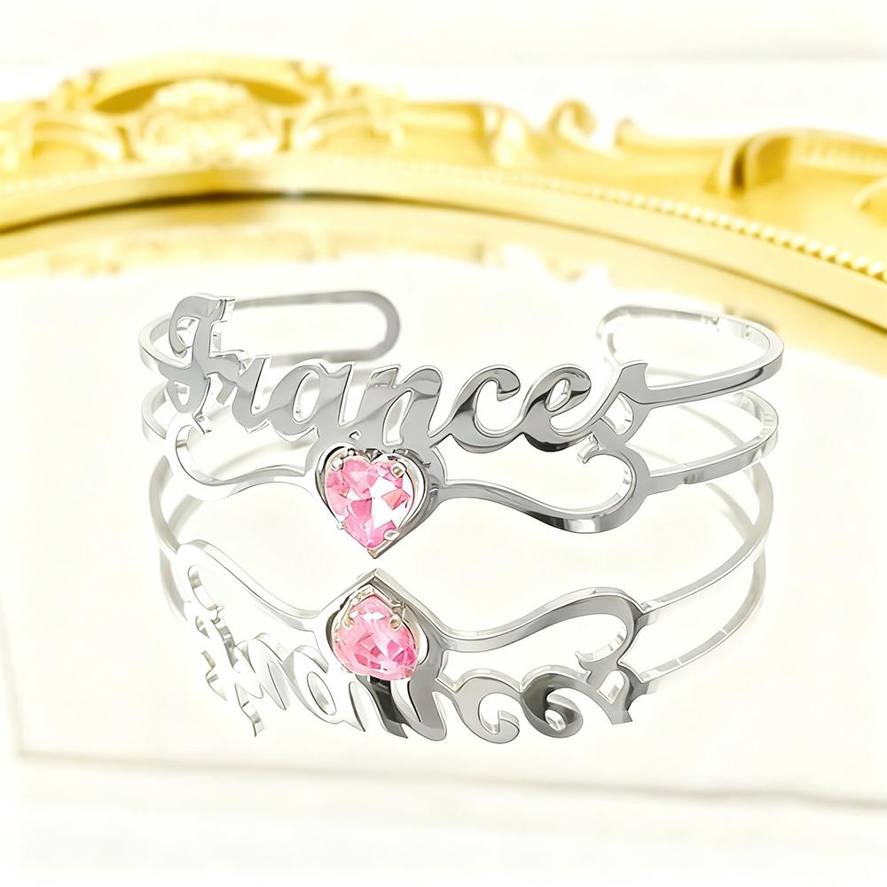 Custom Name Purple Birthstone Cuff Bangle For Women Punk Personalized Gold Color Bracelet Christmas Stainless Steel Jewelry Gift