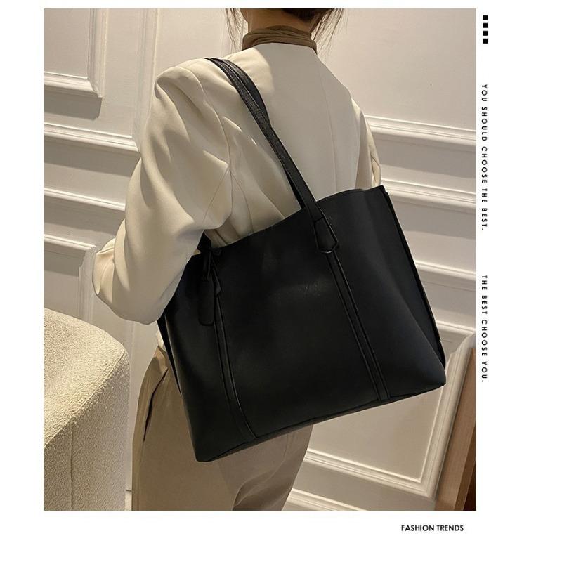 Simple Solid Color Large Capacity Tote Bag Casual Soft Leather Shoulder Bag for Women