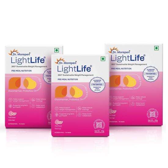 Dr. Morepen LightLife Pre-Meal Nutrition Mix | Controls Appetite & Reduces Cravings |For Men & Women | 30 Sachets | Flavor-Fruit Punch