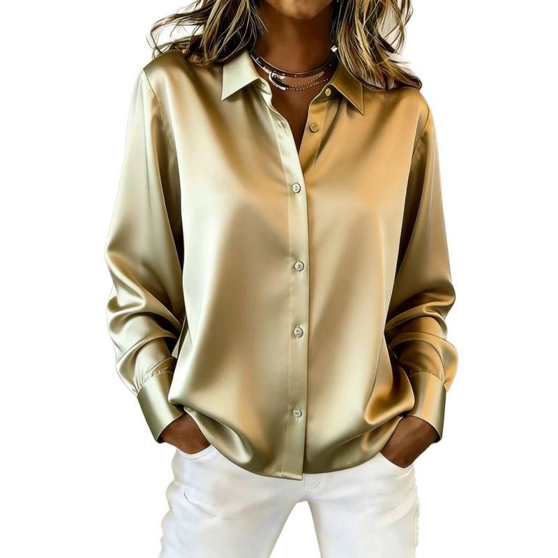 Women s Solid-Color Satin Long-Sleeve Button-Down Shirt M