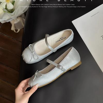 Gentle French Mary Jane Shoes Women's 2025 Summer Comfortable Inner Height Increase Bow Word with Casual Ballet Style Shoes