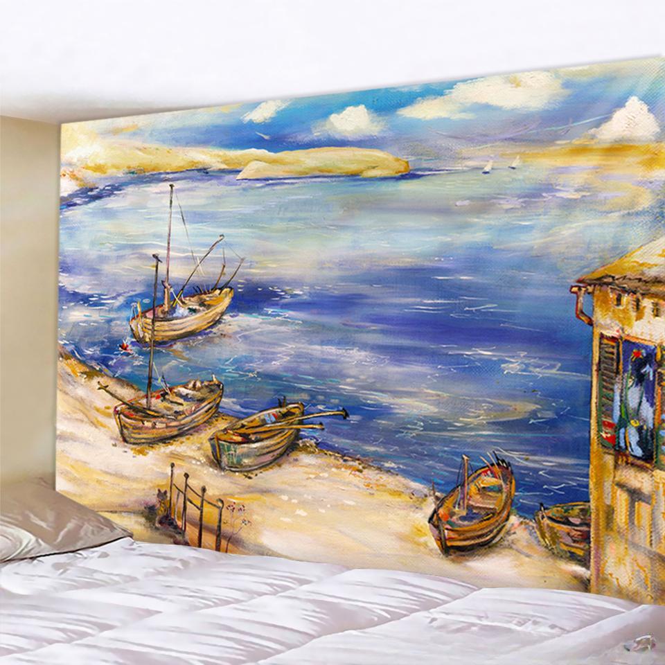 Oil Painting Moon Harbor Fishing Boat Tapestry Wall Decoration Cloth Tapestries Wall Hanging Beach Blanket Art Painting Tapestry